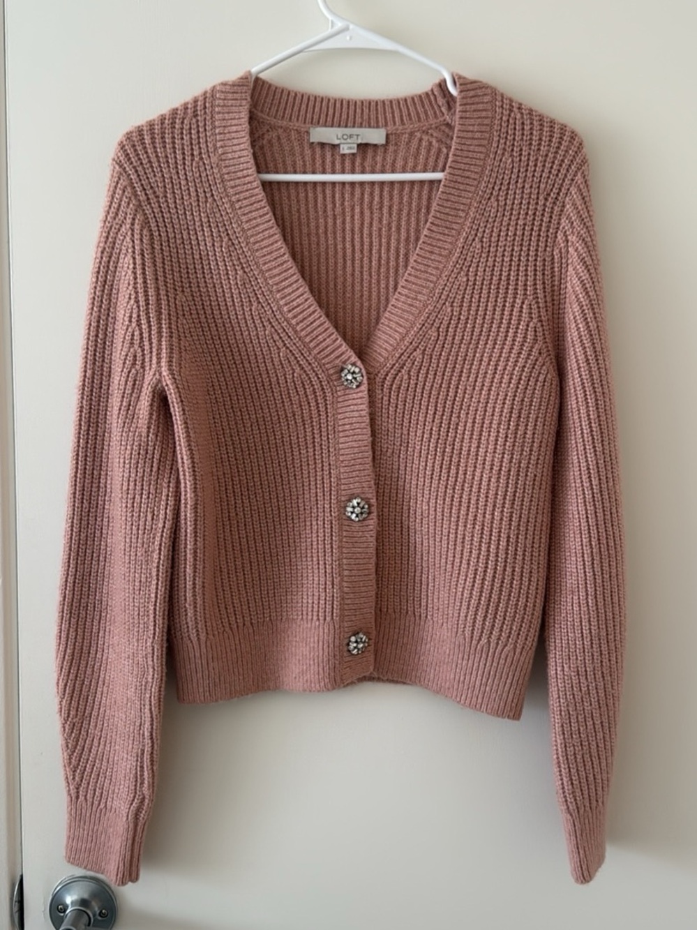 LOFT Dusty Rose Ribbed V-Neck Cardigan with Jewel Buttons